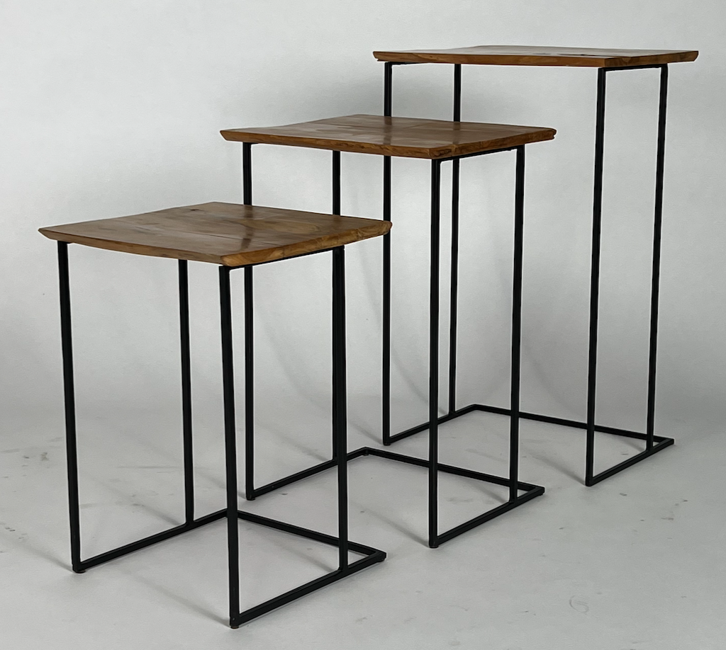 Set of 3 live edge nesting side tables with black metal frame