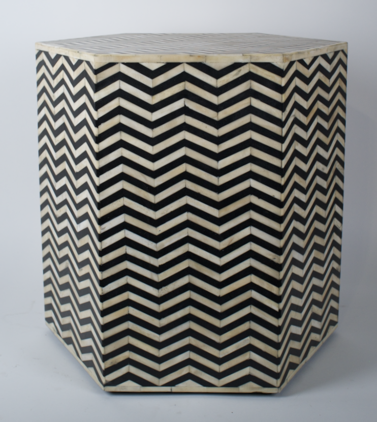 Black and cream, chevron inlay, hex shaped side table