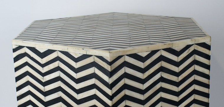 Black and cream, chevron inlay, hex shaped side table