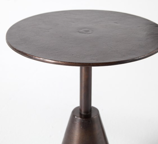 Pair of antique rust side tables with round top, cone shaped base