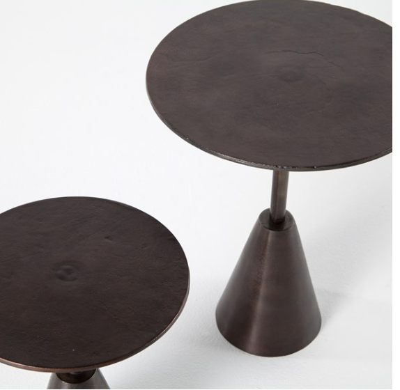 Pair of antique rust side tables with round top, cone shaped base