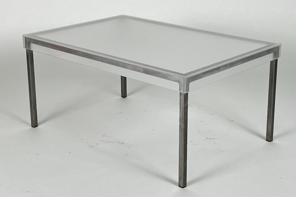 Frosted plexiglass, steel frame side table