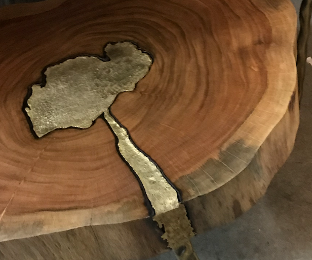 Live edge side tables with molton brass pour and hammered brass legs