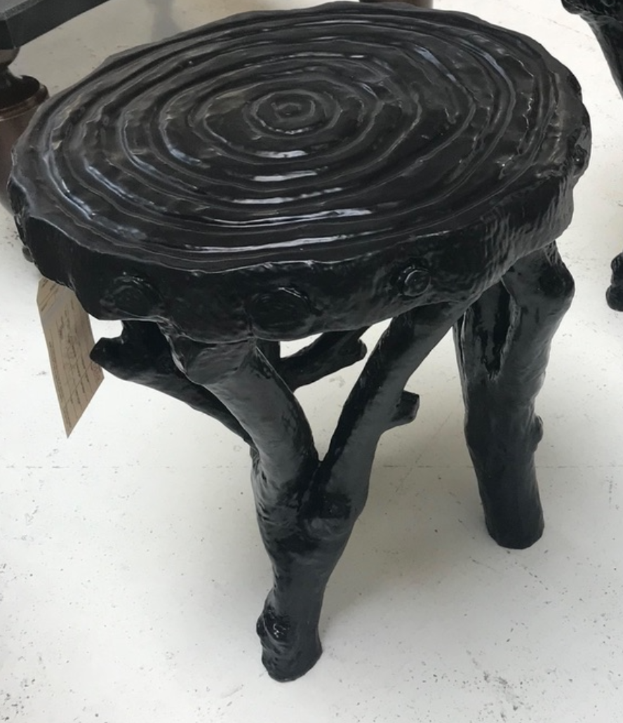 Black cast resin side table, live edge top, branch legs