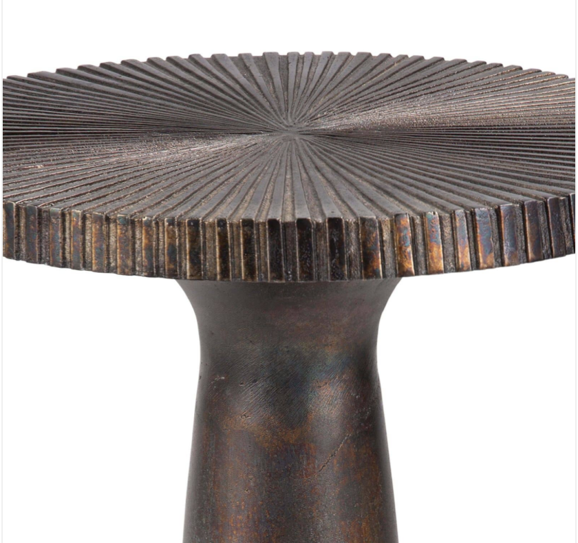 Warm blackened zinc pedestal side table with fluted top, small