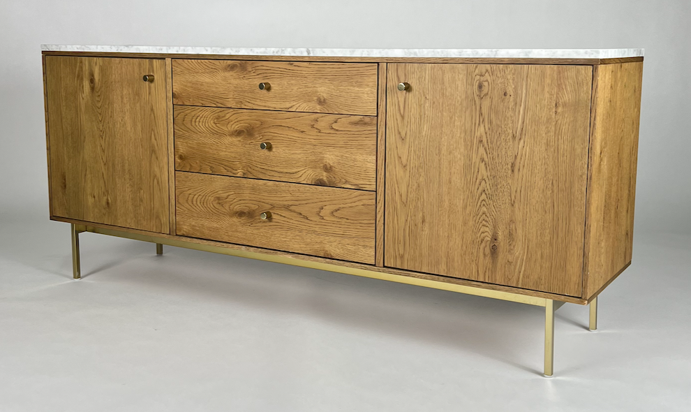 Marble top, light oak media cabinet with brass legs