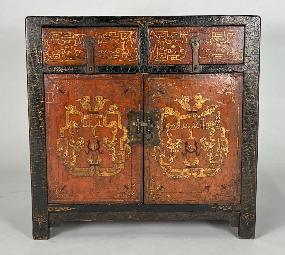 Antique Asian chest, gold leaf detailing, ornate metal pulls and clasp