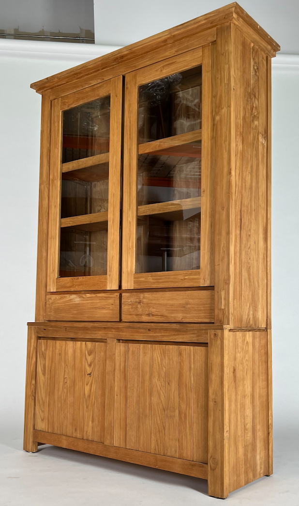 Raw teak 2 piece cabinet or hutch, glass front doors, movable shelves