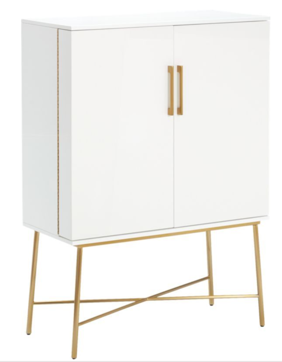 High gloss white bar cabinet with brass legs and handles