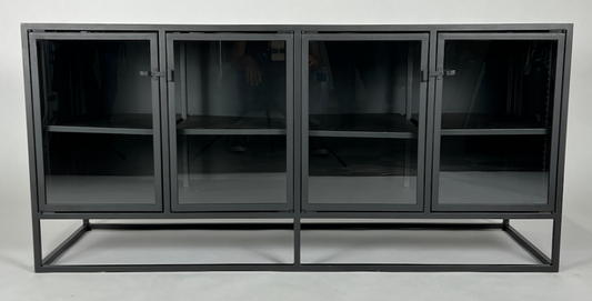 Black metal credenza with glass front doors