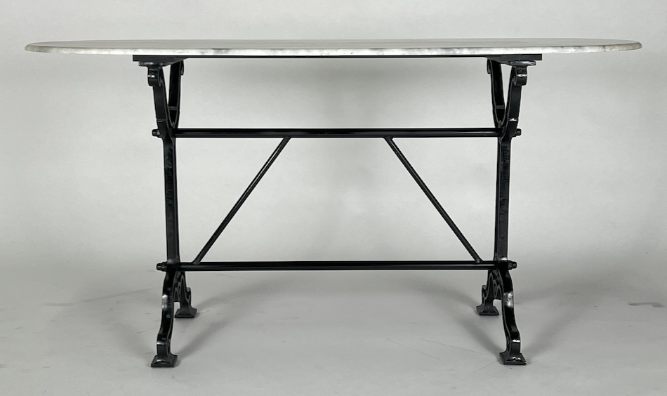 White and gray marble, racetrack shaped table or desk, black iron base