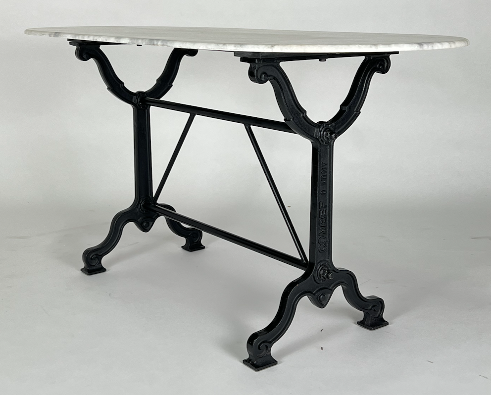 White and gray marble, racetrack shaped table or desk, black iron base