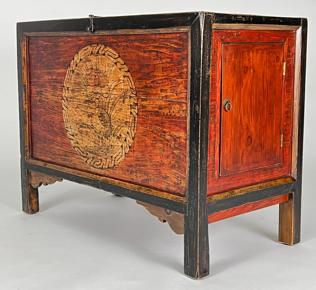 Vintage Asian chest, burnt orange with large gold leaf medallion