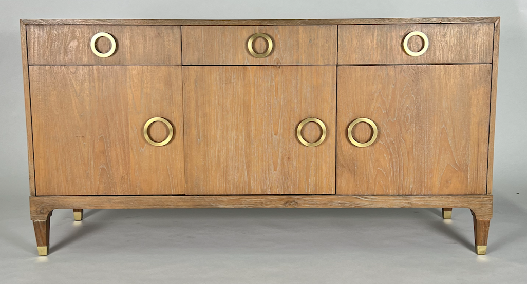 Cerused oak buffet with circular brass hardware