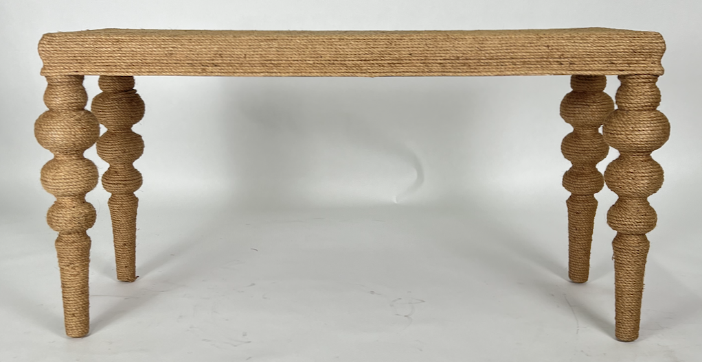 Rope wrapped console table with turned legs