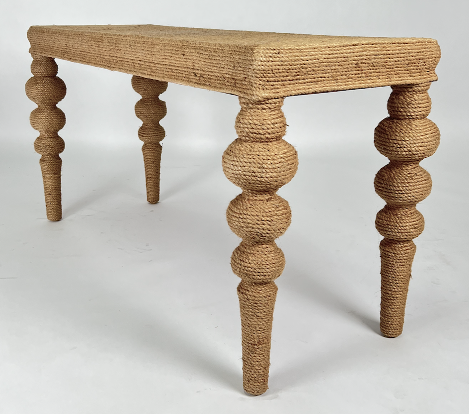 Rope wrapped console table with turned legs – Bay Area Props