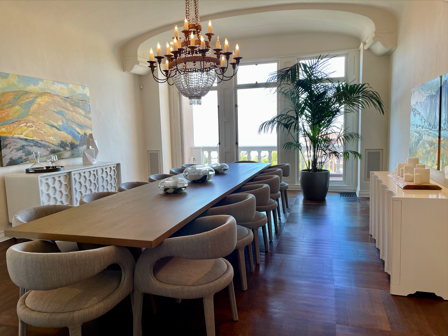 Pale gray upholstered round back dining chair