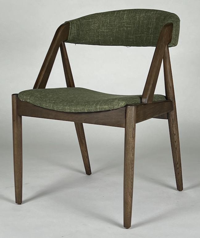 Mid century styling, round back dining chair, green tweedy fabric, brown wood frame