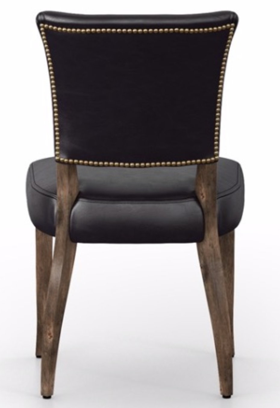 Black leather dining chair with brown legs and nail head trim