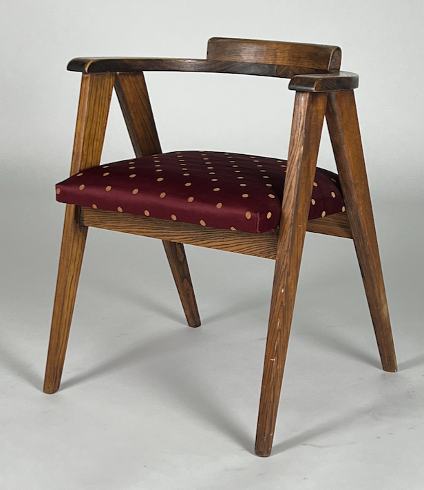 Vintage wood chair with burgundy and gold upholstery