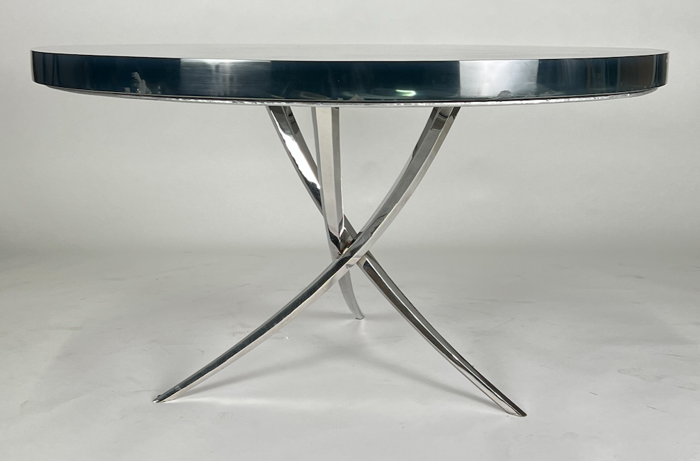 Blue resin wavy top round dining table with tripod silver base