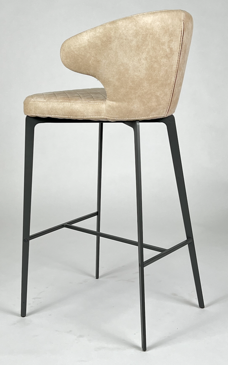 Bar stool with back, tan upholstery, dark metal legs