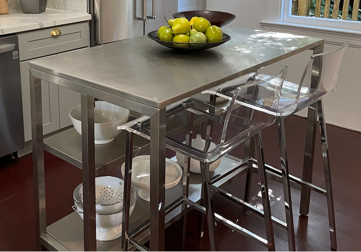 Stainless steel kitchen island, accommodates 2 bar stools