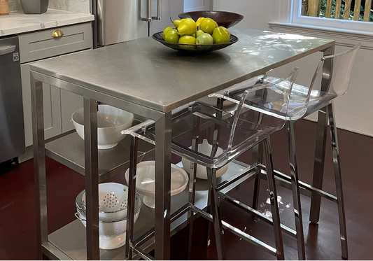 Stainless steel kitchen island, accommodates 2 bar stools