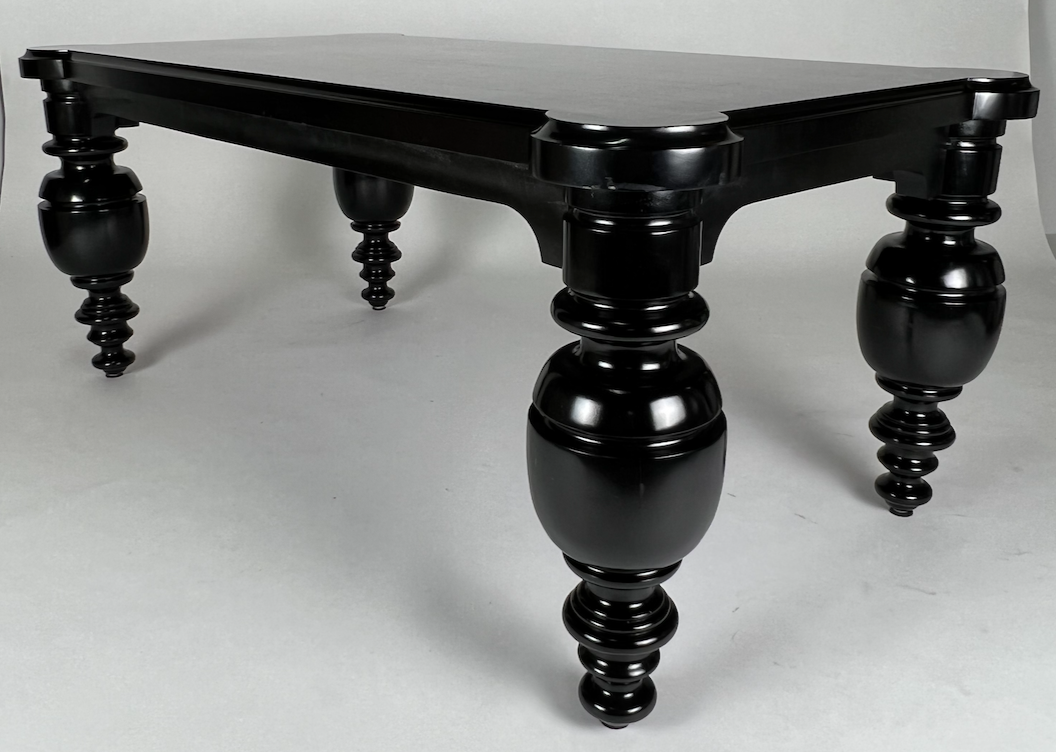 Gloss black heavily turned legs, rectangular dining table