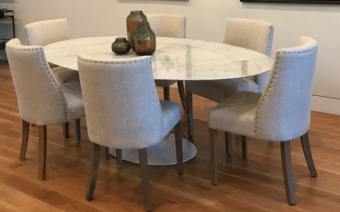 Oval white Carrera marble Saarinen like dining table with white pedestal base