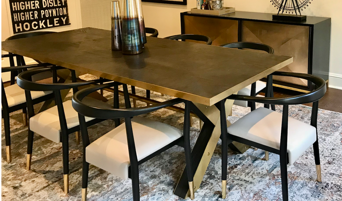 Brass X-base rectangular dining table with black oak veneer parquet pattern top