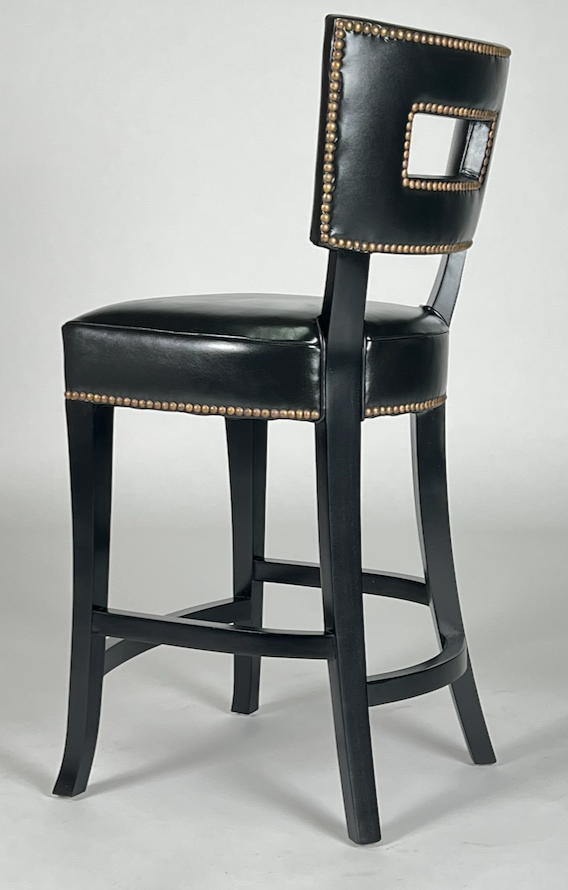 Counter stool with back in black leather, nailhead trim