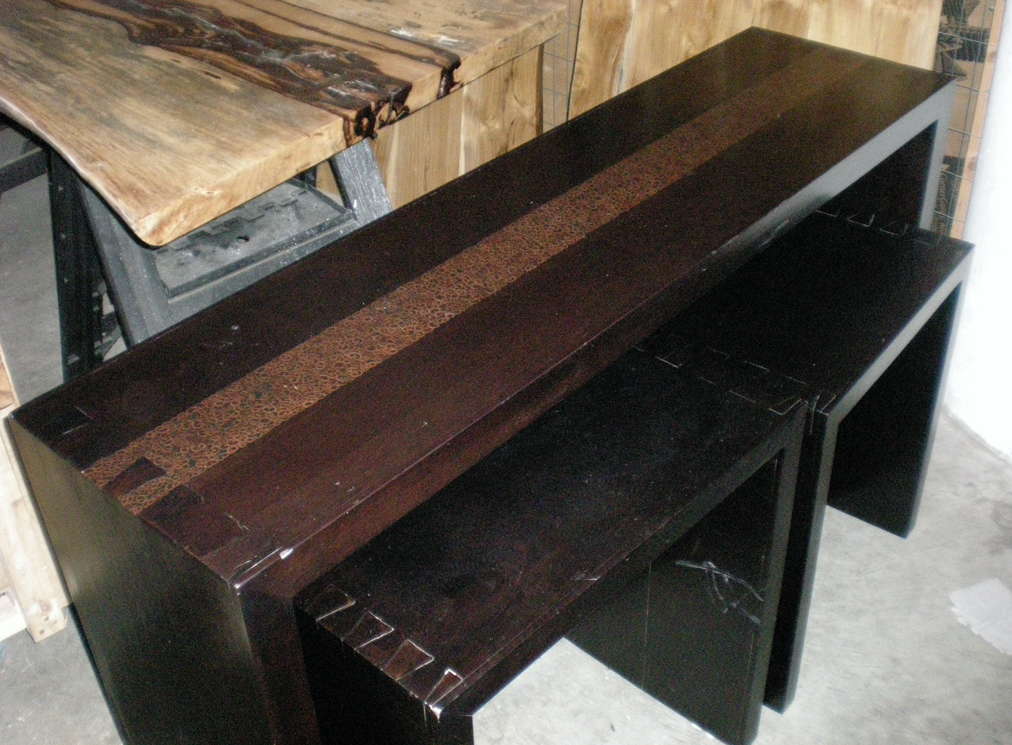 Wood console table with cinnamon bark inlay