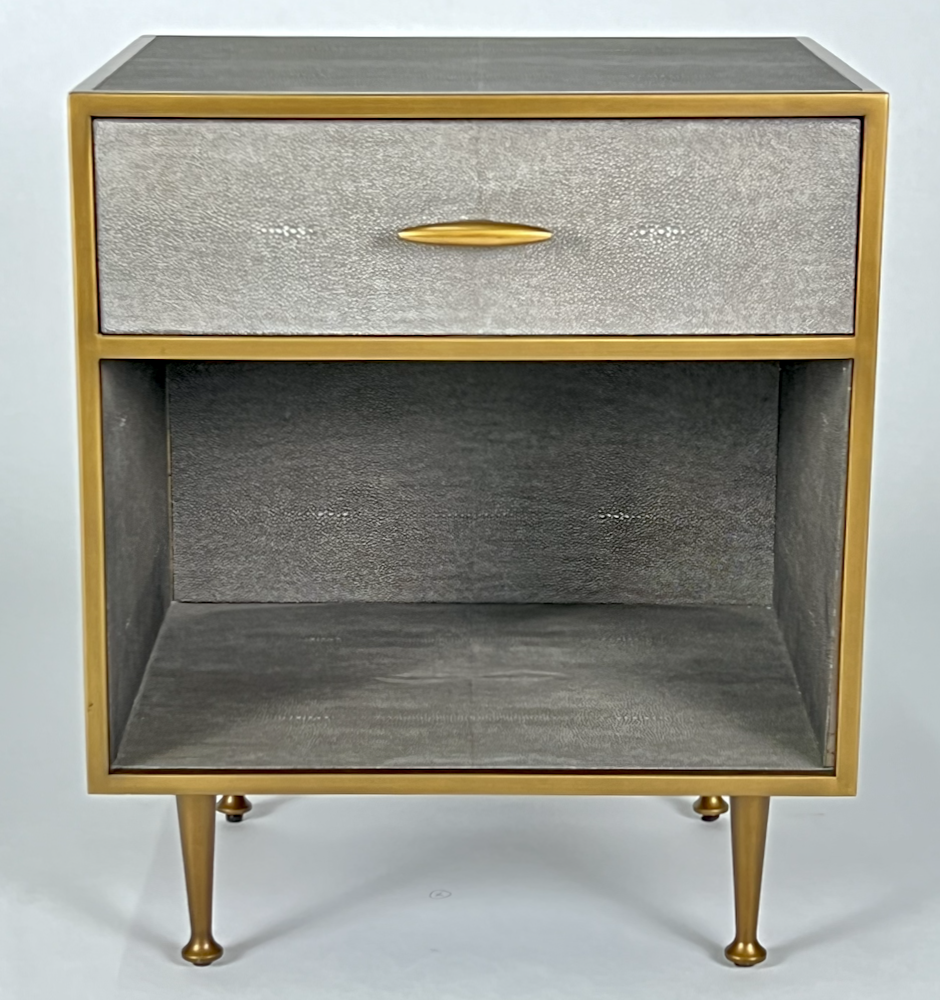 Gray shagreen night stand with brass legs and hardware