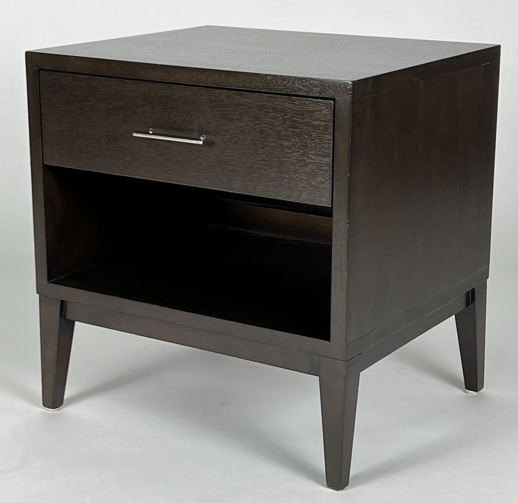 Dark brown wood night stand with tapered legs