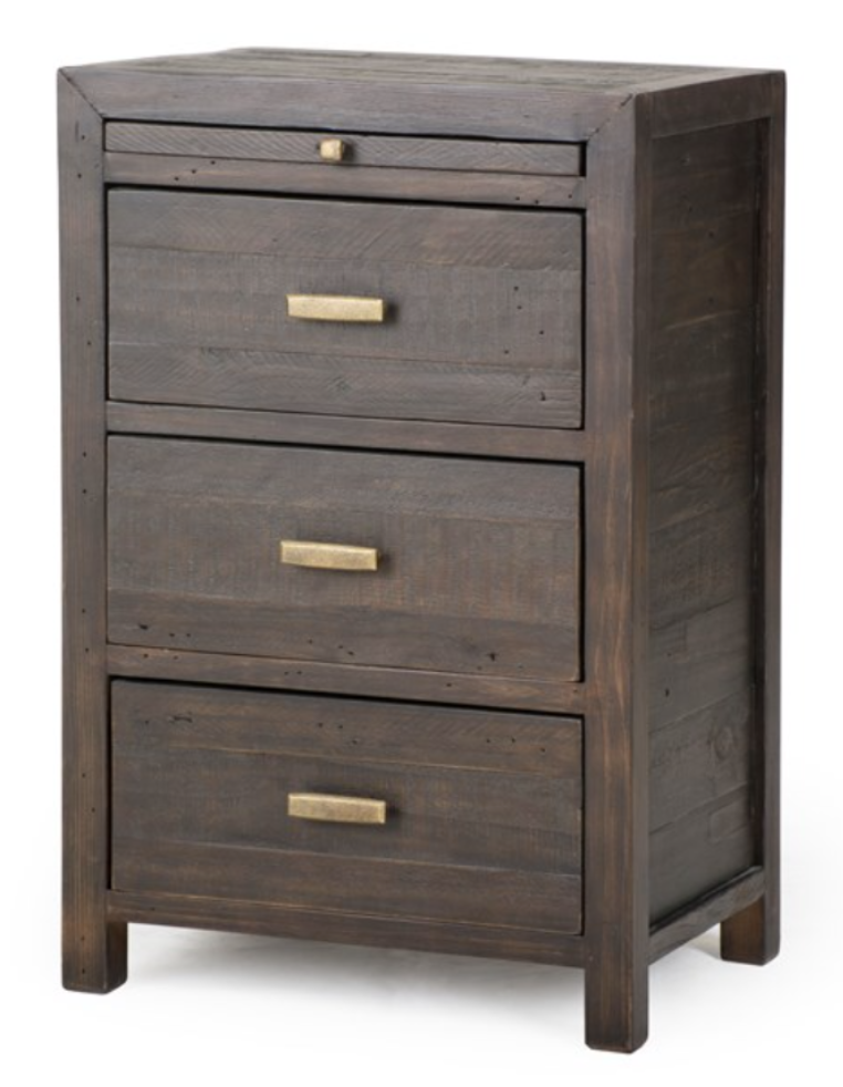 Brown distressed wood night stand with brass hardware