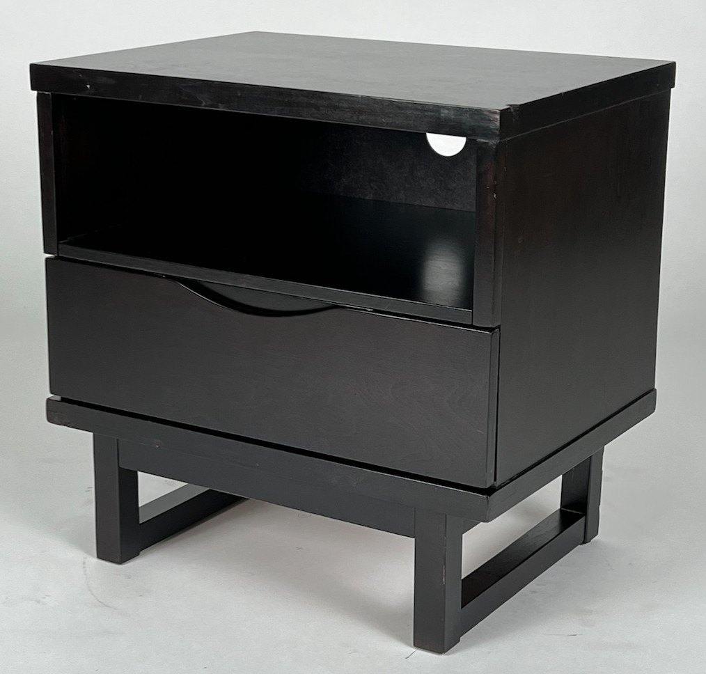 Black night stand with U-shaped legs, open cubby & one drawer