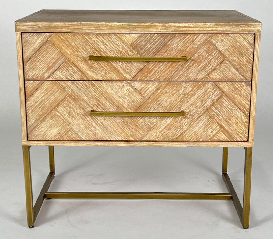 Blonde herringbone night stand with brass hardware and base