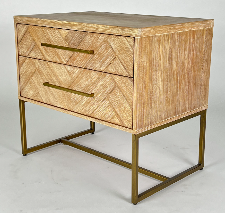 Blonde herringbone night stand with brass hardware and base