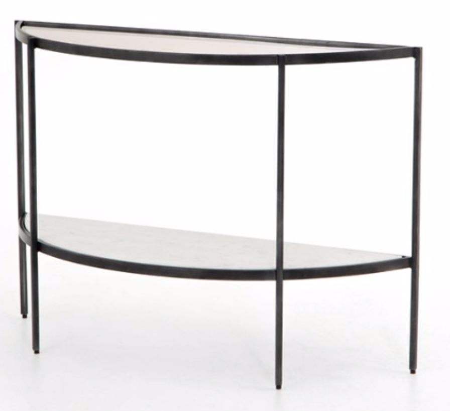 Gray smoke glass demi lune console with white marble base