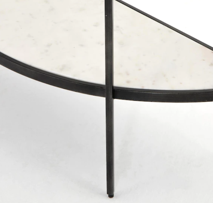 Gray smoke glass demi lune console with white marble base