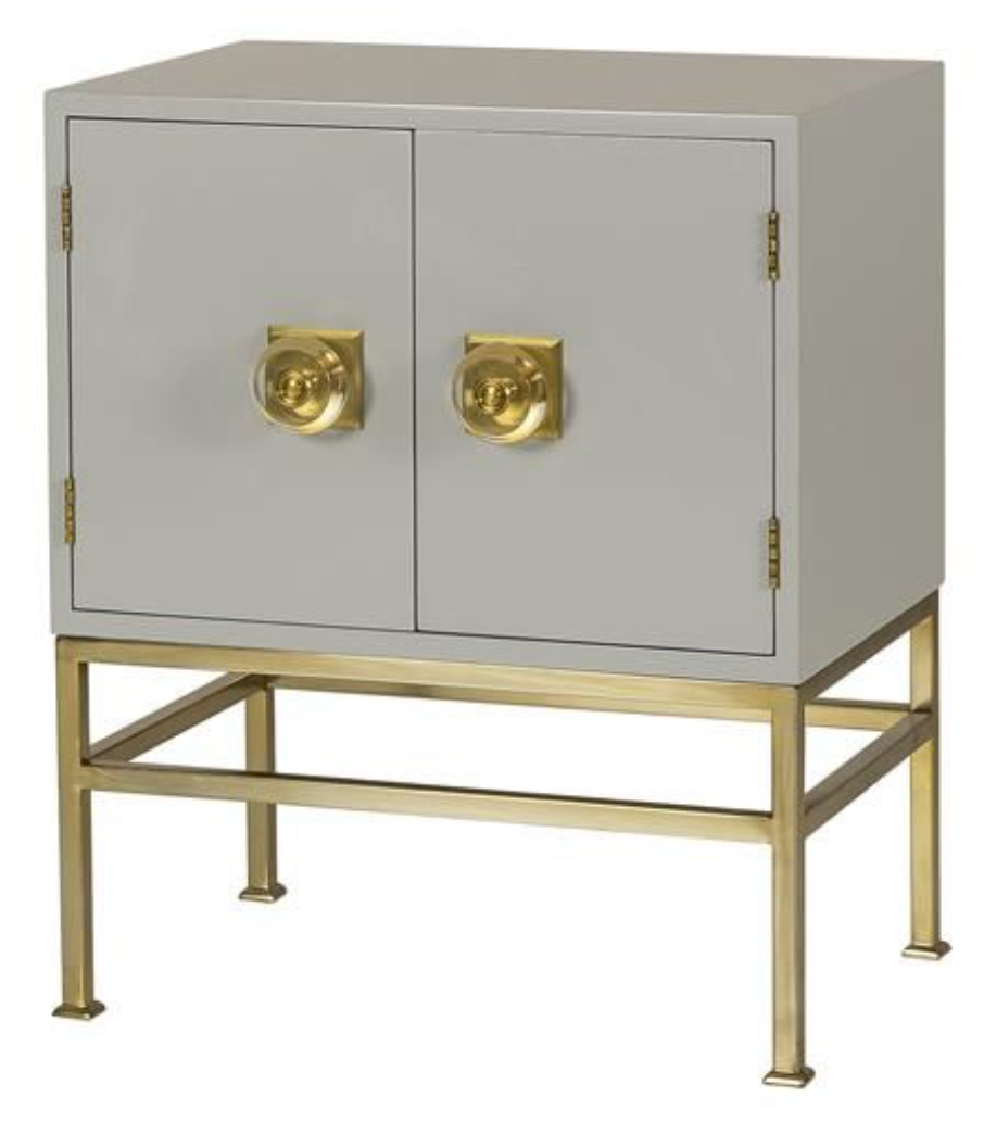 Gray green lacquer night stand with brass & lucite accents