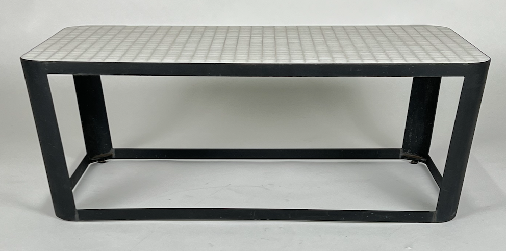 Outdoor coffee table, black metal, white mosaic stone top