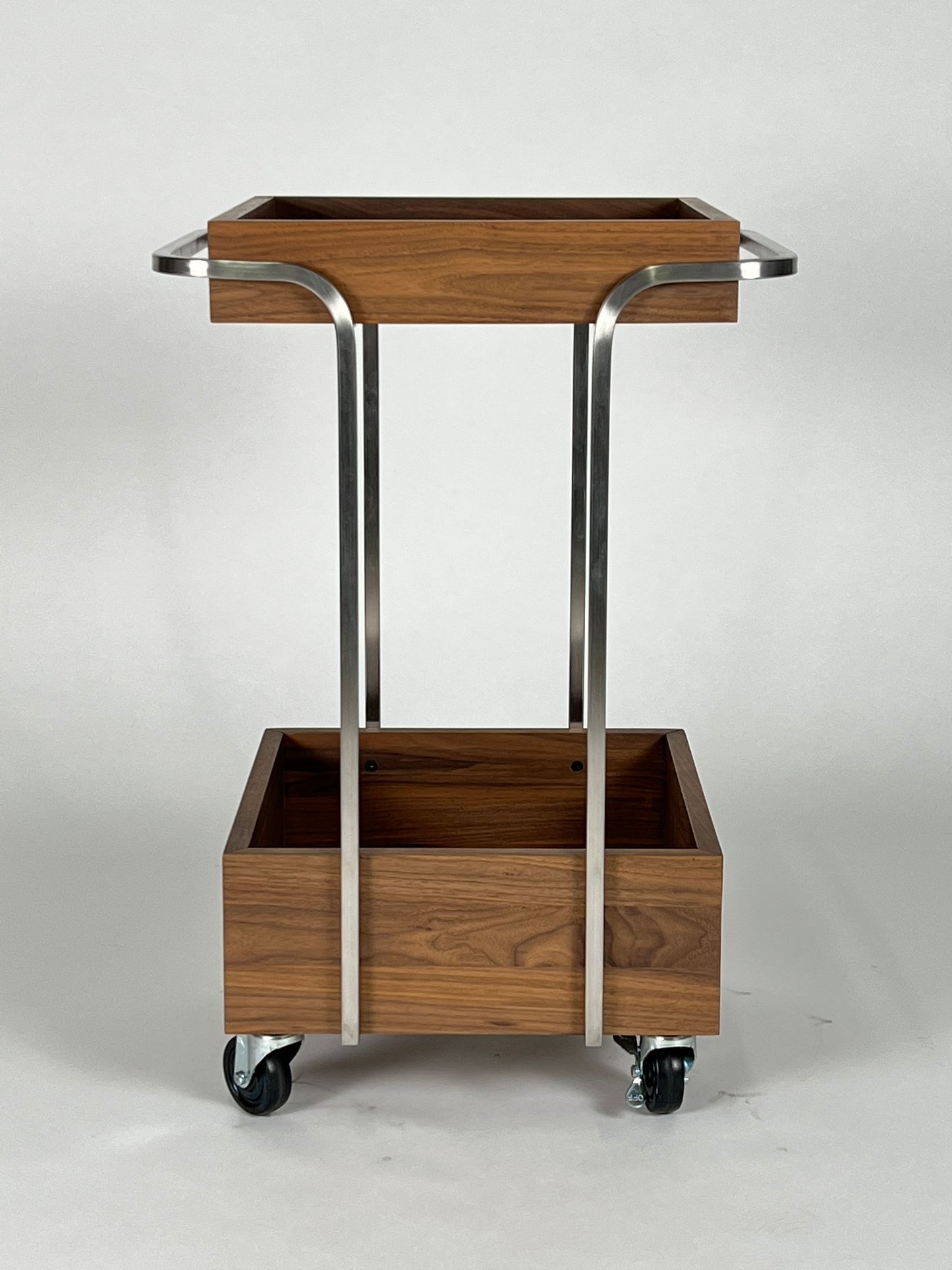 Wood and chrome rolling bar cart